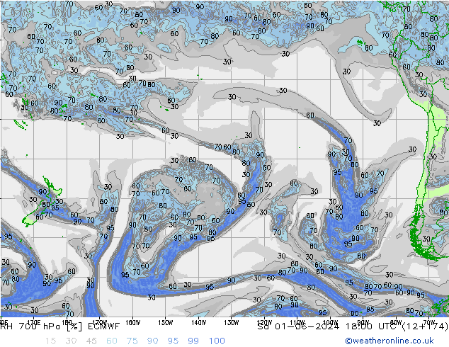 RH 700 гПа ECMWF сб 01.06.2024 18 UTC