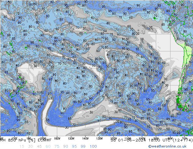 Humidité rel. 850 hPa ECMWF sam 01.06.2024 18 UTC