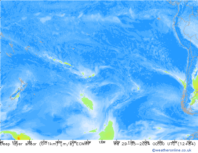 Deep layer shear (0-1km) ECMWF mer 29.05.2024 00 UTC