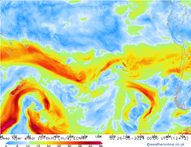 Deep layer shear (0-6km) ECMWF nie. 26.05.2024 00 UTC