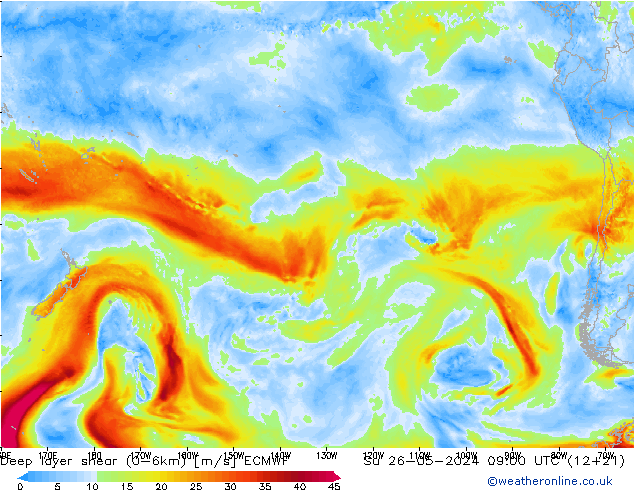 Deep layer shear (0-6km) ECMWF dom 26.05.2024 09 UTC