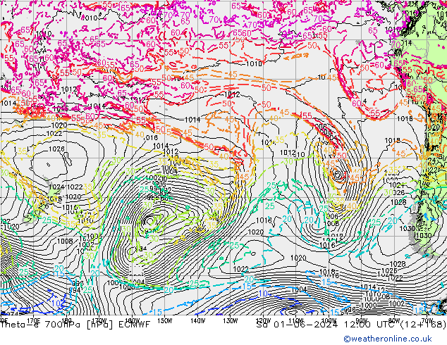 Theta-e 700hPa ECMWF sam 01.06.2024 12 UTC