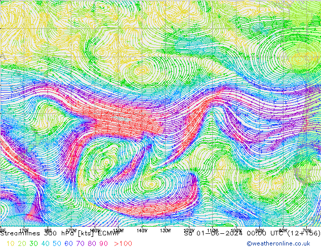 Linia prądu 300 hPa ECMWF so. 01.06.2024 00 UTC