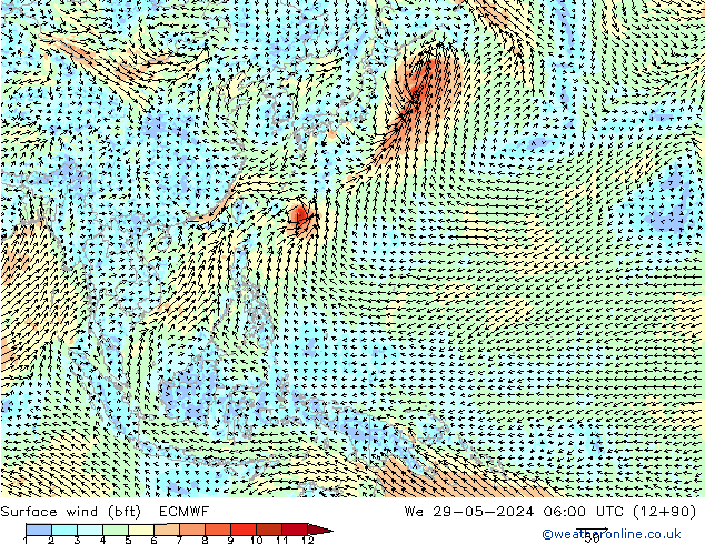 Surface wind (bft) ECMWF We 29.05.2024 06 UTC