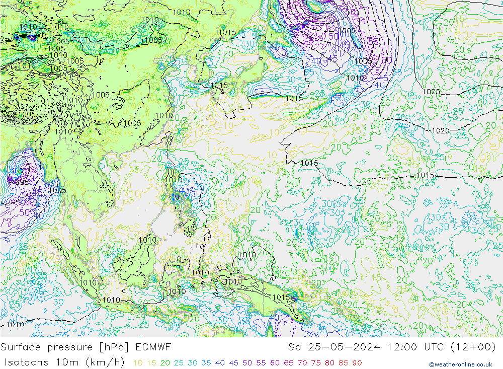Isotachs (kph) ECMWF sab 25.05.2024 12 UTC