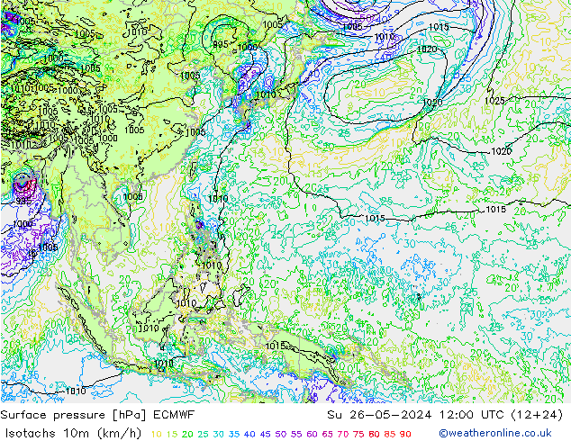 Isotachs (kph) ECMWF Dom 26.05.2024 12 UTC