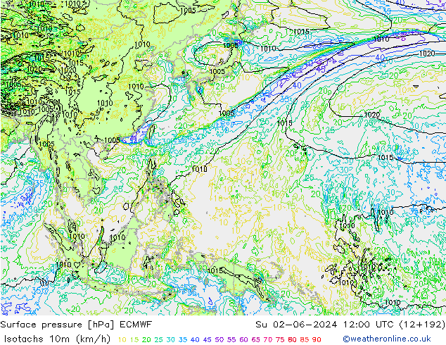 Isotachs (kph) ECMWF Su 02.06.2024 12 UTC