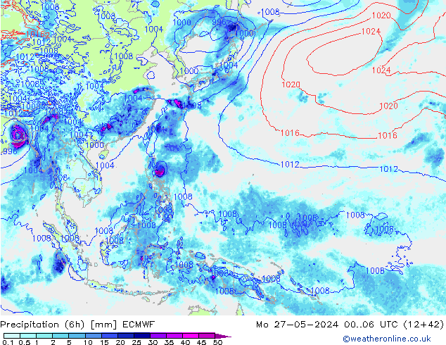 Z500/Rain (+SLP)/Z850 ECMWF Mo 27.05.2024 06 UTC