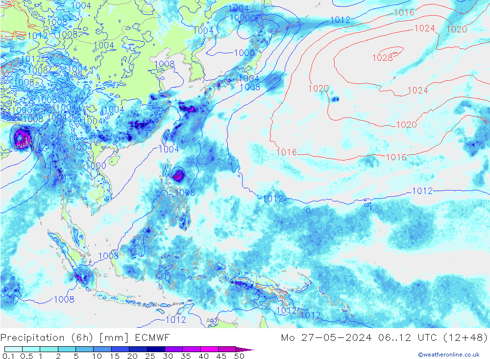 Z500/Rain (+SLP)/Z850 ECMWF lun 27.05.2024 12 UTC