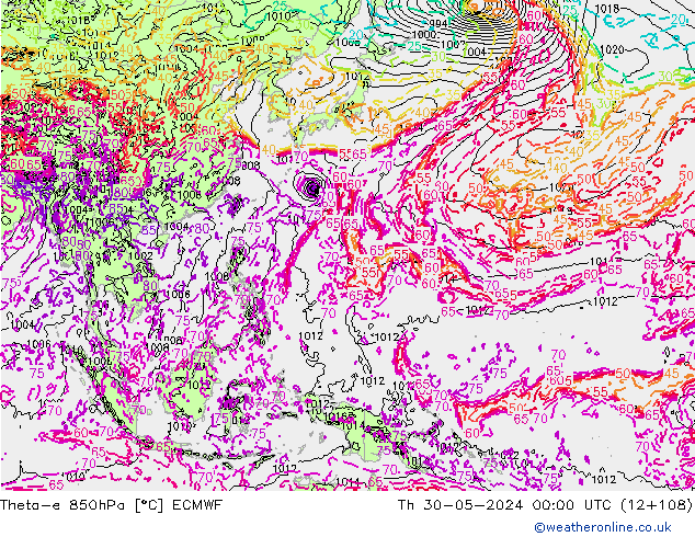 Theta-e 850hPa ECMWF Do 30.05.2024 00 UTC