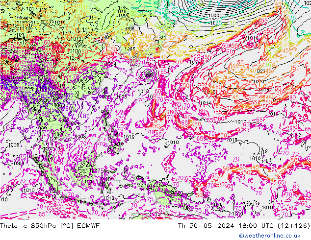 Theta-e 850hPa ECMWF Čt 30.05.2024 18 UTC