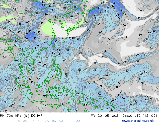 Humedad rel. 700hPa ECMWF mié 29.05.2024 06 UTC