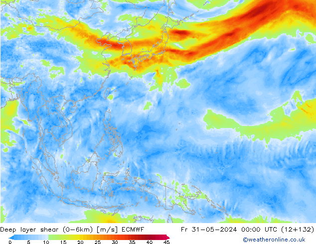 Deep layer shear (0-6km) ECMWF vr 31.05.2024 00 UTC