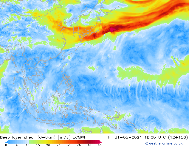 Deep layer shear (0-6km) ECMWF Pá 31.05.2024 18 UTC