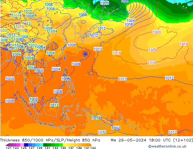 Espesor 850-1000 hPa ECMWF mié 29.05.2024 18 UTC