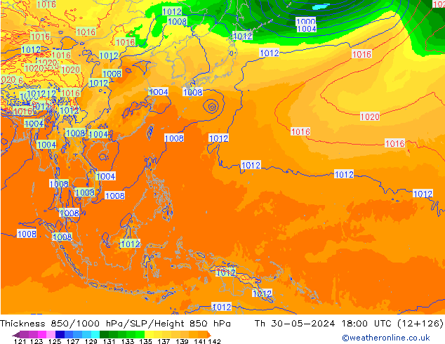 Espesor 850-1000 hPa ECMWF jue 30.05.2024 18 UTC