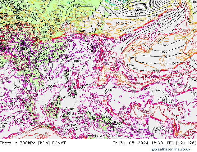 Theta-e 700hPa ECMWF Per 30.05.2024 18 UTC