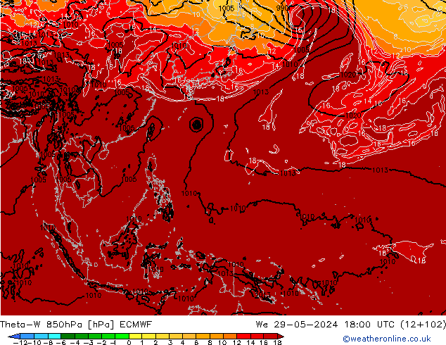 Theta-W 850гПа ECMWF ср 29.05.2024 18 UTC