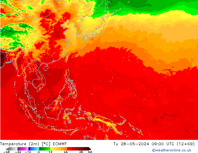 Temperature (2m) ECMWF Tu 28.05.2024 09 UTC