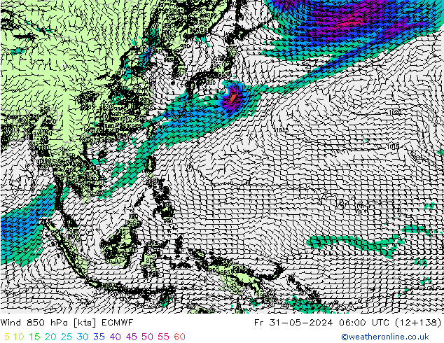 Wind 850 hPa ECMWF Pá 31.05.2024 06 UTC