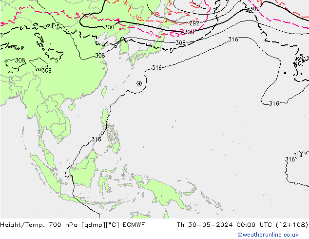 Height/Temp. 700 hPa ECMWF Do 30.05.2024 00 UTC