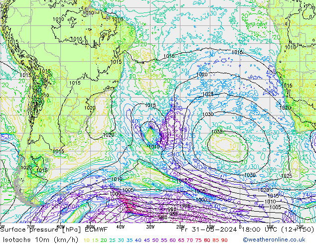 Isotachs (kph) ECMWF  31.05.2024 18 UTC