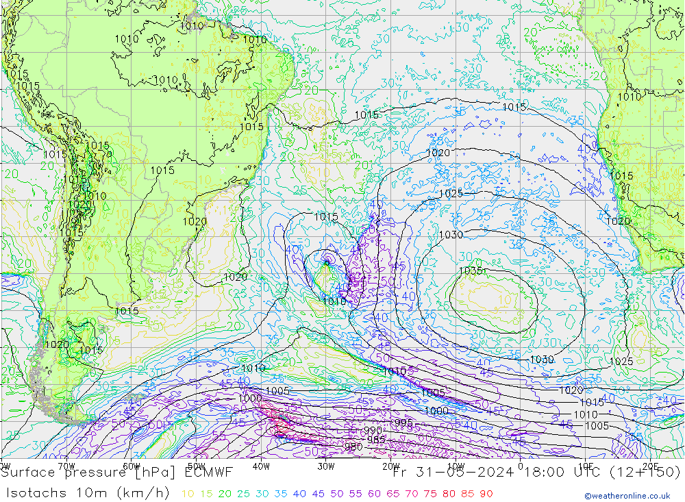 Isotachs (kph) ECMWF Sex 31.05.2024 18 UTC