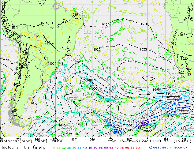 Isotachs (mph) ECMWF Sa 25.05.2024 12 UTC