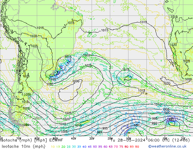 Izotacha (mph) ECMWF wto. 28.05.2024 06 UTC