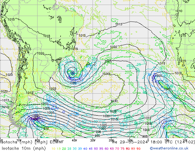 Isotachs (mph) ECMWF We 29.05.2024 18 UTC