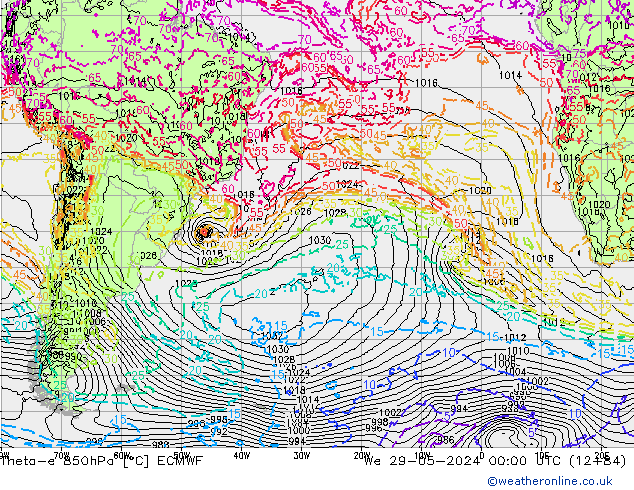 Theta-e 850hPa ECMWF mié 29.05.2024 00 UTC