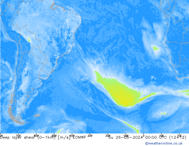 Deep layer shear (0-1km) ECMWF  26.05.2024 00 UTC