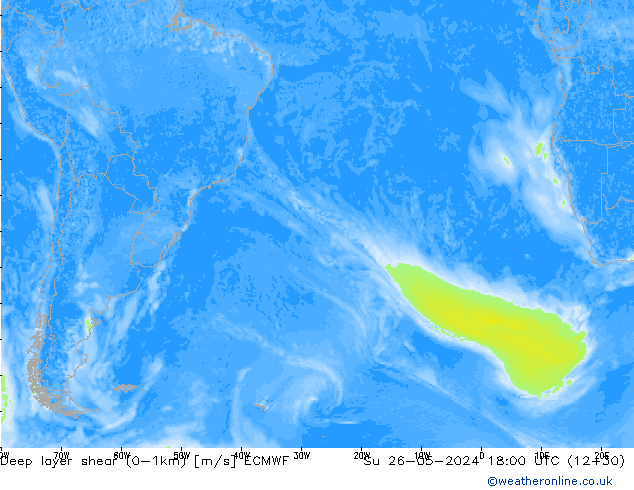 Deep layer shear (0-1km) ECMWF Dom 26.05.2024 18 UTC