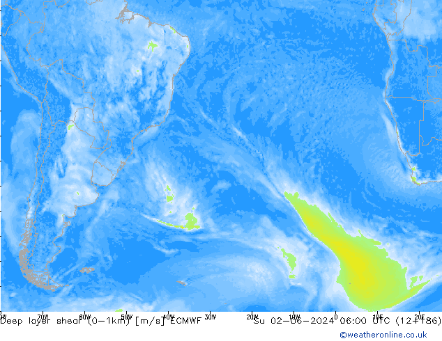 Deep layer shear (0-1km) ECMWF Su 02.06.2024 06 UTC