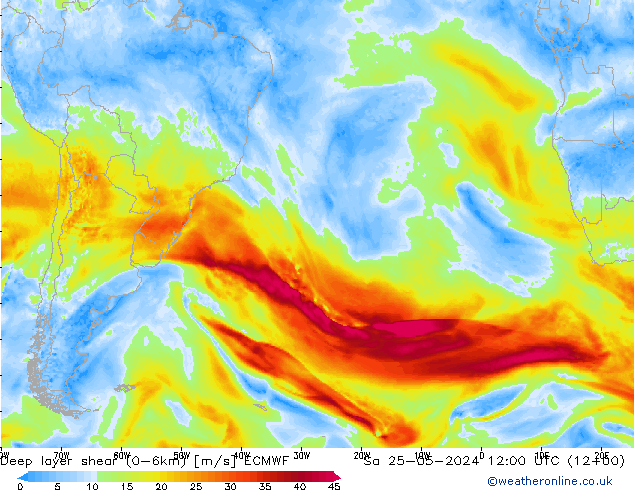 Deep layer shear (0-6km) ECMWF Sa 25.05.2024 12 UTC