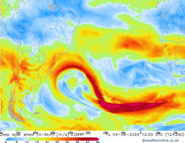 Deep layer shear (0-6km) ECMWF Tu 04.06.2024 12 UTC