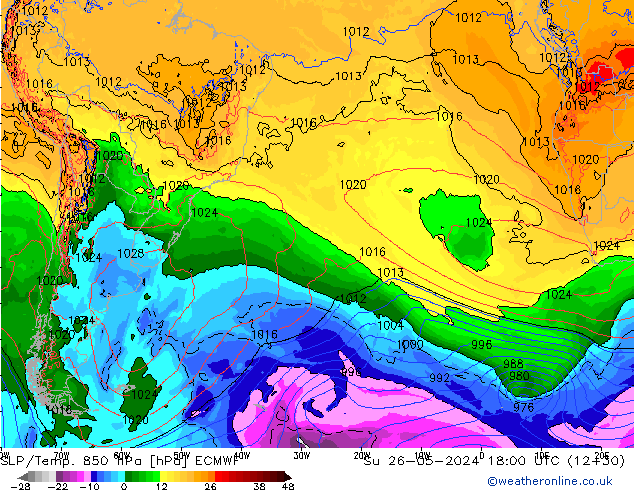 SLP/Temp. 850 hPa ECMWF dim 26.05.2024 18 UTC