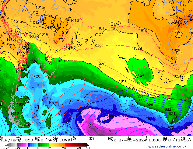 SLP/Temp. 850 hPa ECMWF lun 27.05.2024 00 UTC