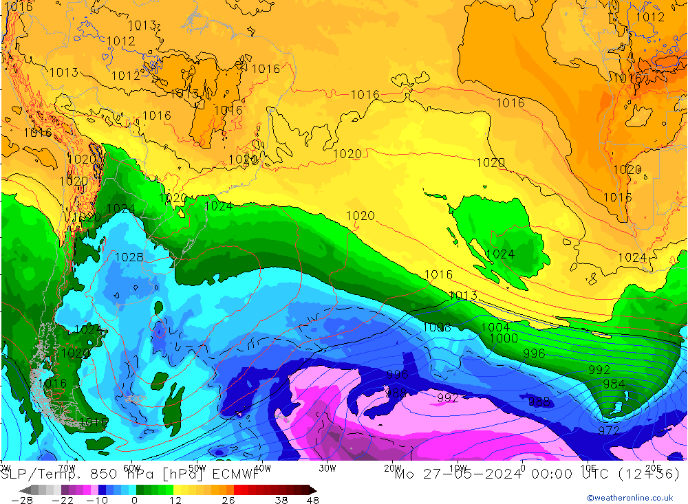 SLP/Temp. 850 hPa ECMWF pon. 27.05.2024 00 UTC