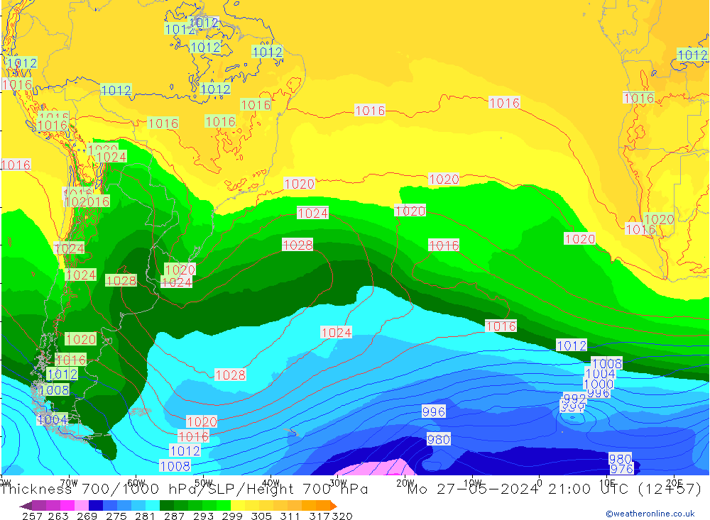 Thck 700-1000 гПа ECMWF пн 27.05.2024 21 UTC