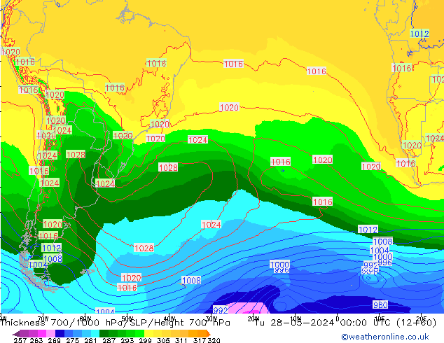 Thck 700-1000 hPa ECMWF mar 28.05.2024 00 UTC