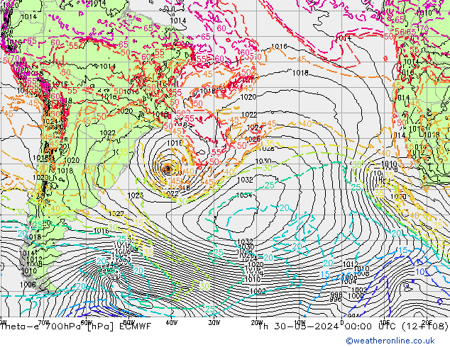 Theta-e 700hPa ECMWF do 30.05.2024 00 UTC