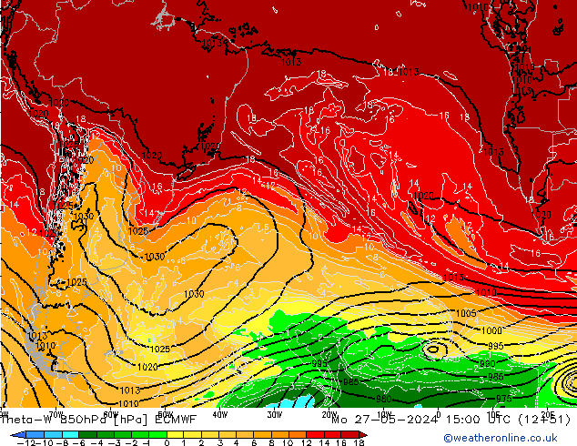 Theta-W 850гПа ECMWF пн 27.05.2024 15 UTC