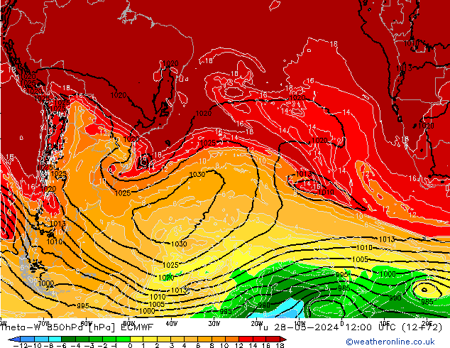 Theta-W 850гПа ECMWF вт 28.05.2024 12 UTC