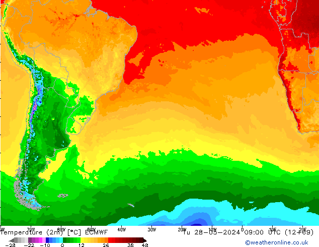 mapa temperatury (2m) ECMWF wto. 28.05.2024 09 UTC