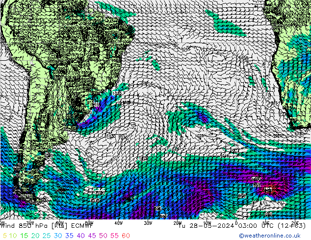 wiatr 850 hPa ECMWF wto. 28.05.2024 03 UTC