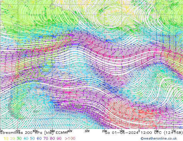 Línea de corriente 200 hPa ECMWF sáb 01.06.2024 12 UTC