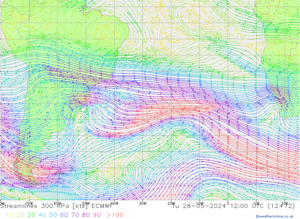 Ligne de courant 300 hPa ECMWF mar 28.05.2024 12 UTC