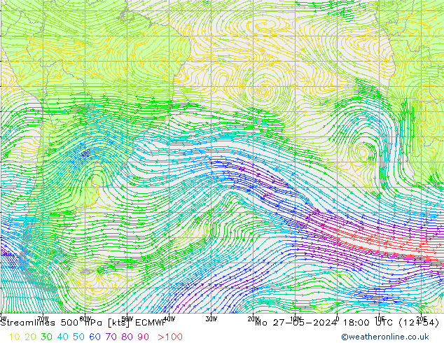 Ligne de courant 500 hPa ECMWF lun 27.05.2024 18 UTC