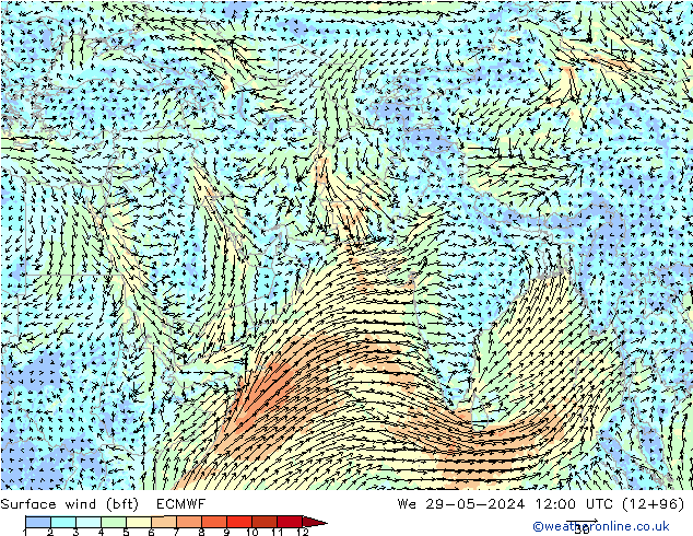 Viento 10 m (bft) ECMWF mié 29.05.2024 12 UTC